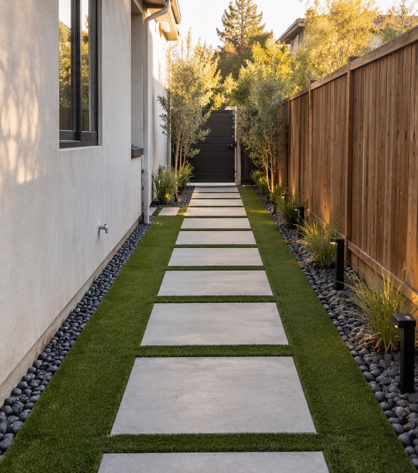 Concept rendering of a side yard with artificial turf and stepping stones
